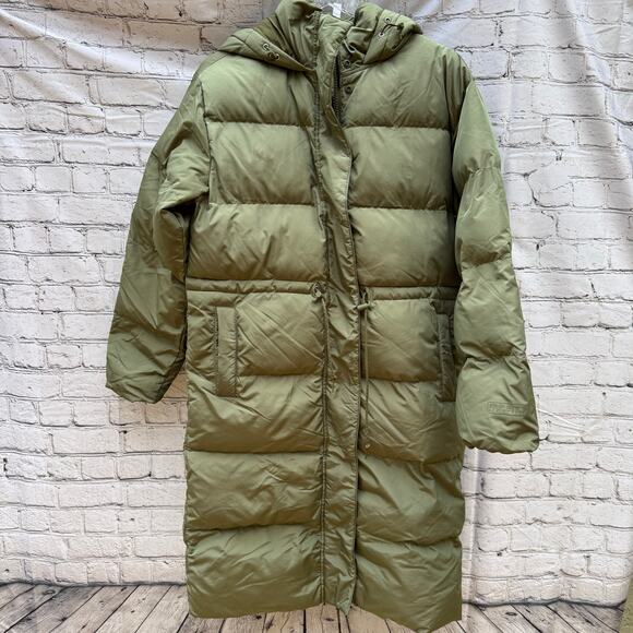 Fabletics Essentials Long Puffer Coat Moss Green Hood Size XS Winter Warm Cozy - Picture 1 of 8